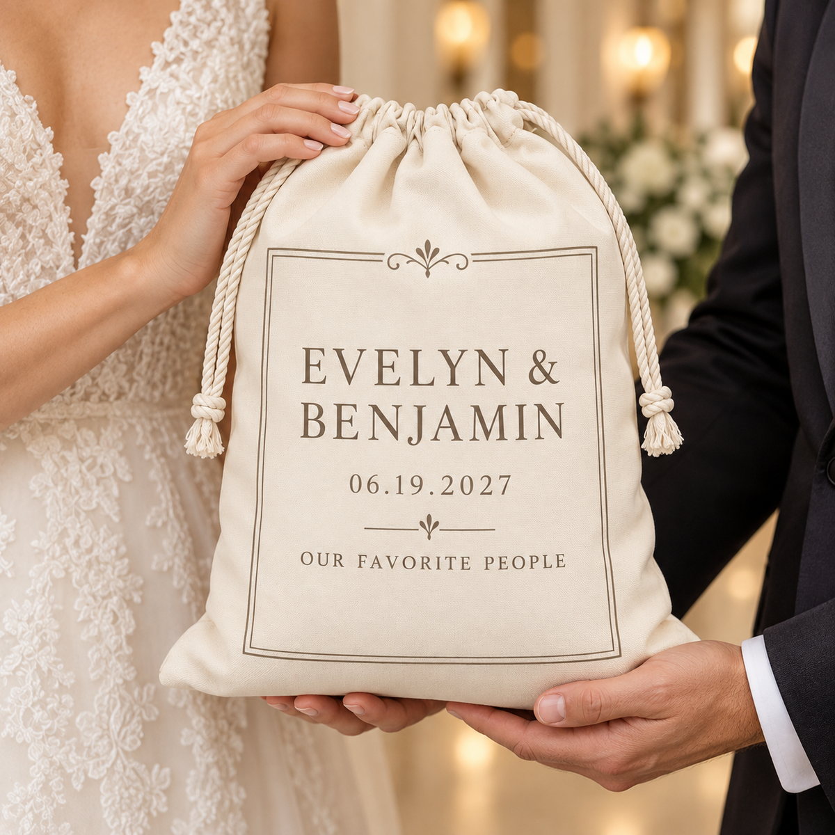 Minimalist Ivory personalized drawstring gift bag - hands