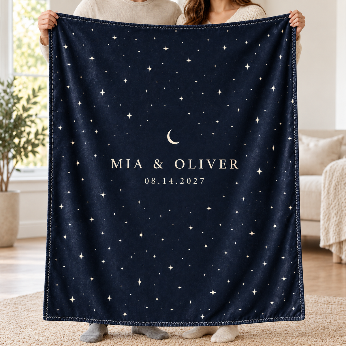 Navy Starry Field personalized fleece blanket - couple display