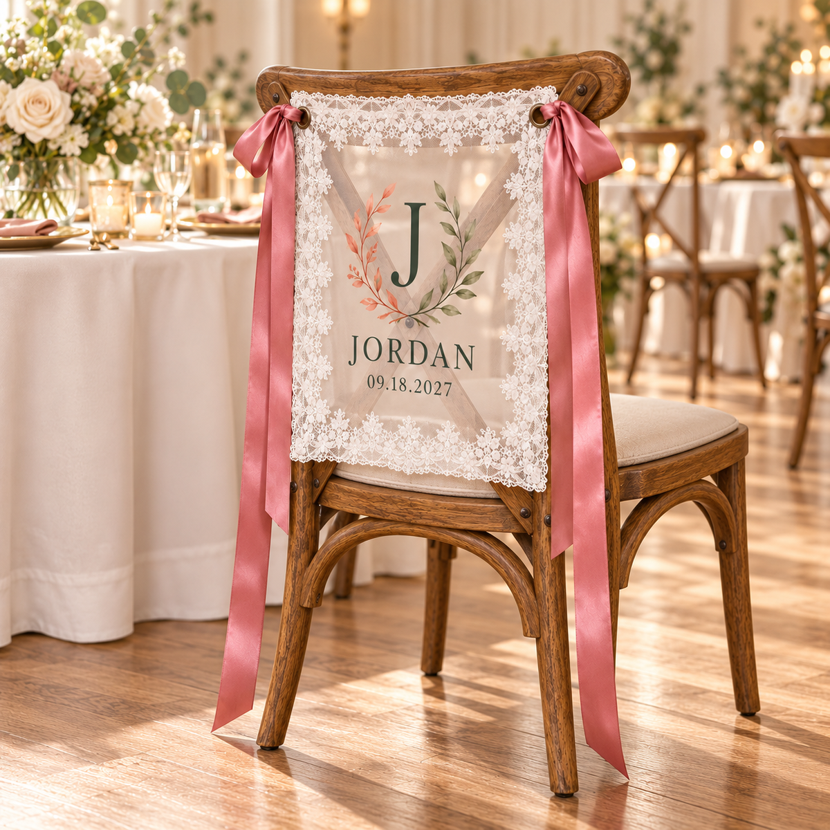 Family Keepsake Personalized Lace Chair Banner; right. One Day for Lifetime