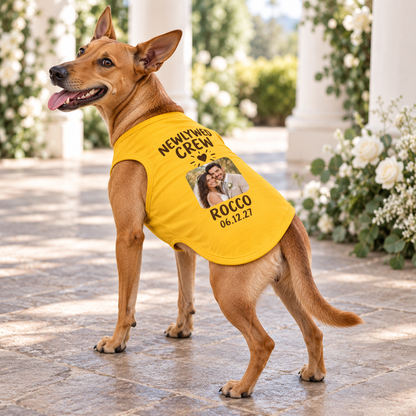 Newlywed Photo Crew Pet Tank Top; lifestyle context. One Day for Lifetime