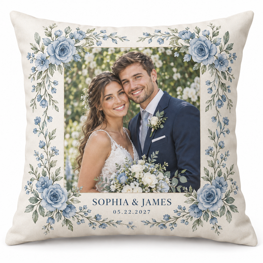 Dusty Blue Photo personalized wedding pillow - hero