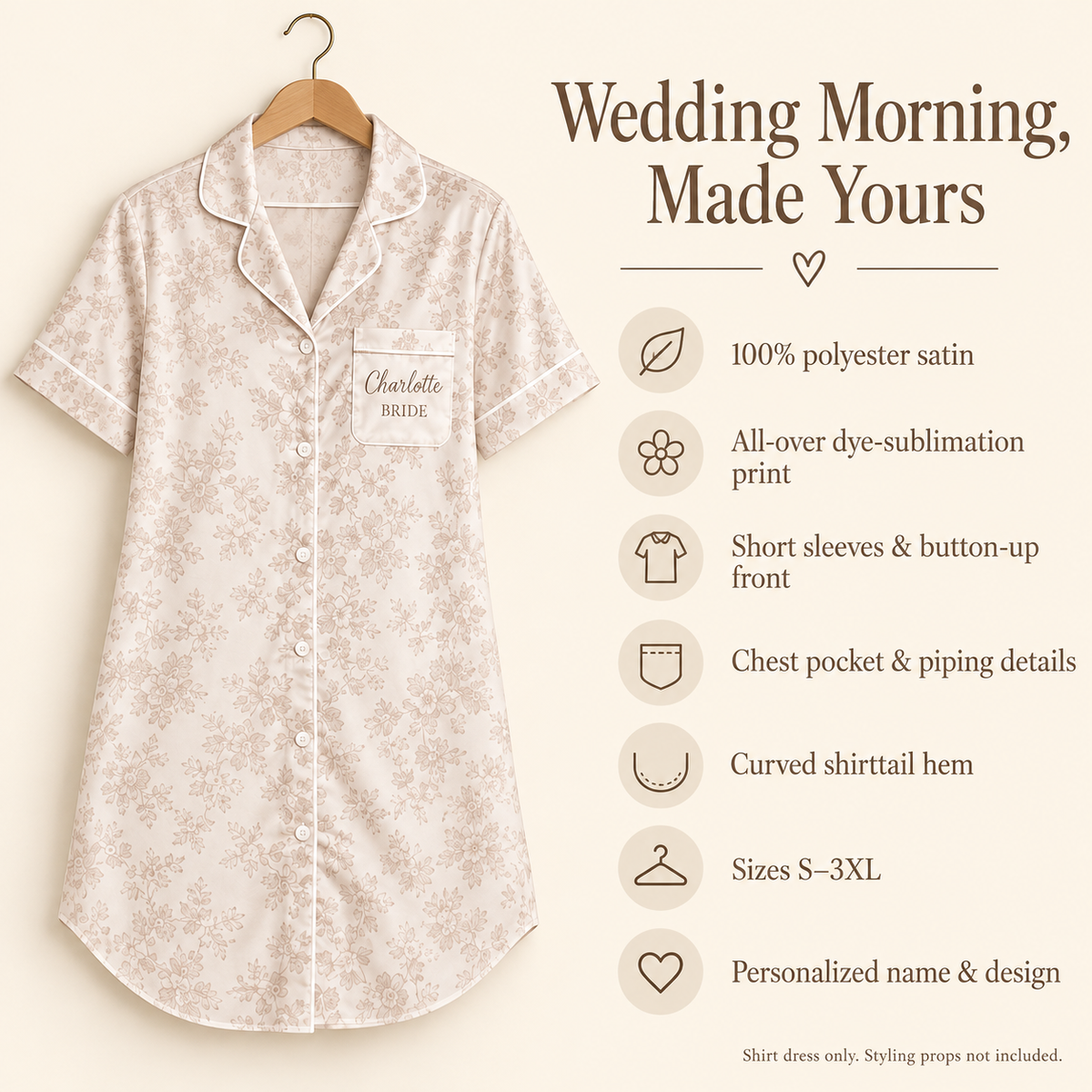 Heirloom Lace Print | Personalized Satin Pajama Shirt Dress - information