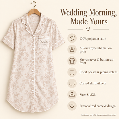 Heirloom Lace Print | Personalized Satin Pajama Shirt Dress - information