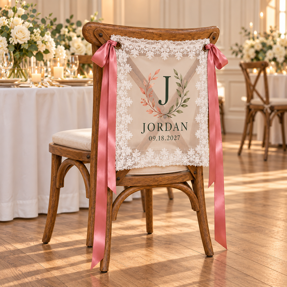 Family Keepsake Personalized Lace Chair Banner; left. One Day for Lifetime