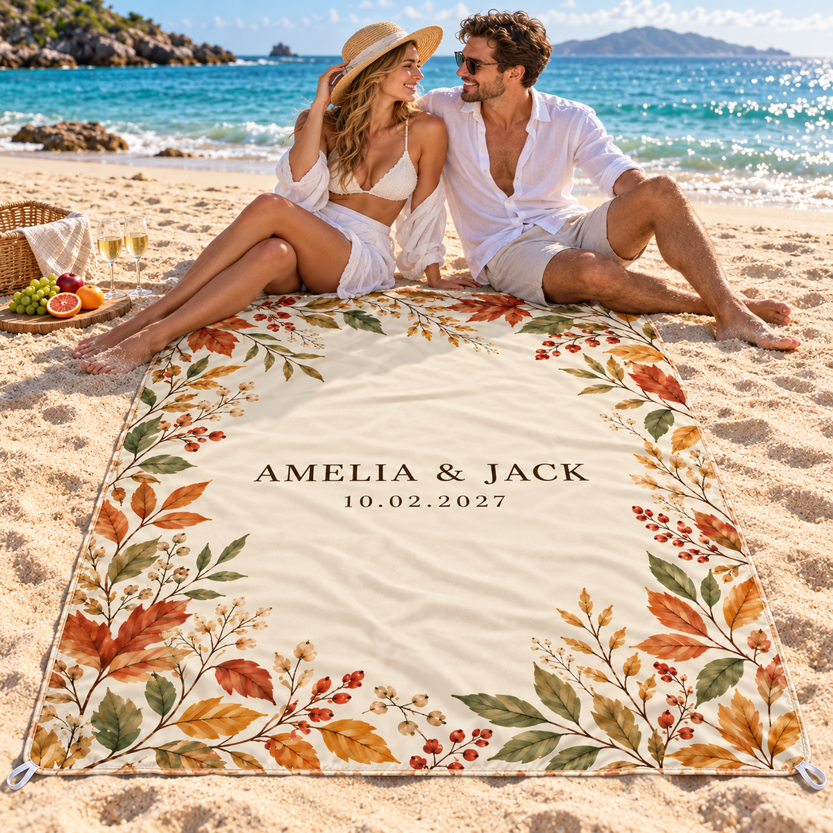 Autumn Botanical personalized sand-proof beach blanket - honeymoon beach