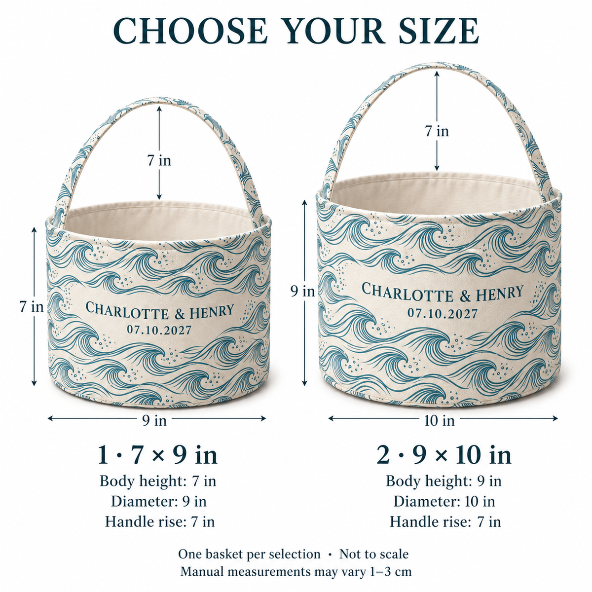 Teal Coastal Waves personalized fabric gift basket - size chart
