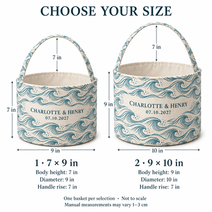 Teal Coastal Waves personalized fabric gift basket - size chart