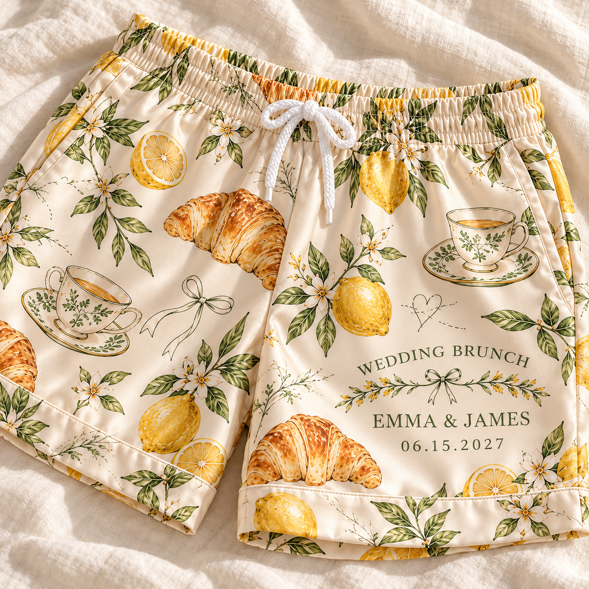 Family Recipe Wedding Brunch Personalized Satin Pajama Shorts; material detail. One Day for Lifetime