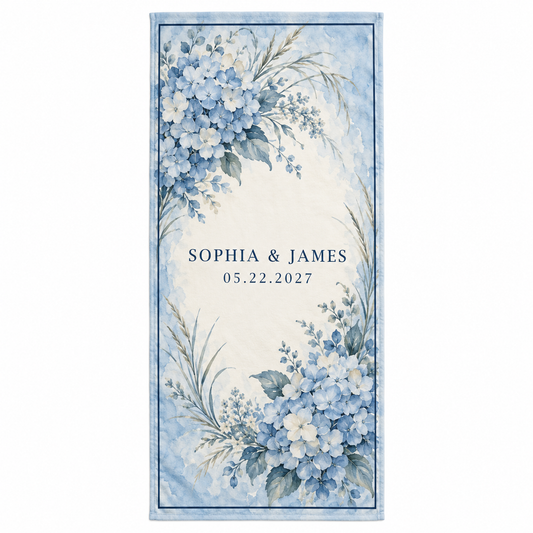 Dusty Blue Hydrangea personalized wedding beach towel - hero