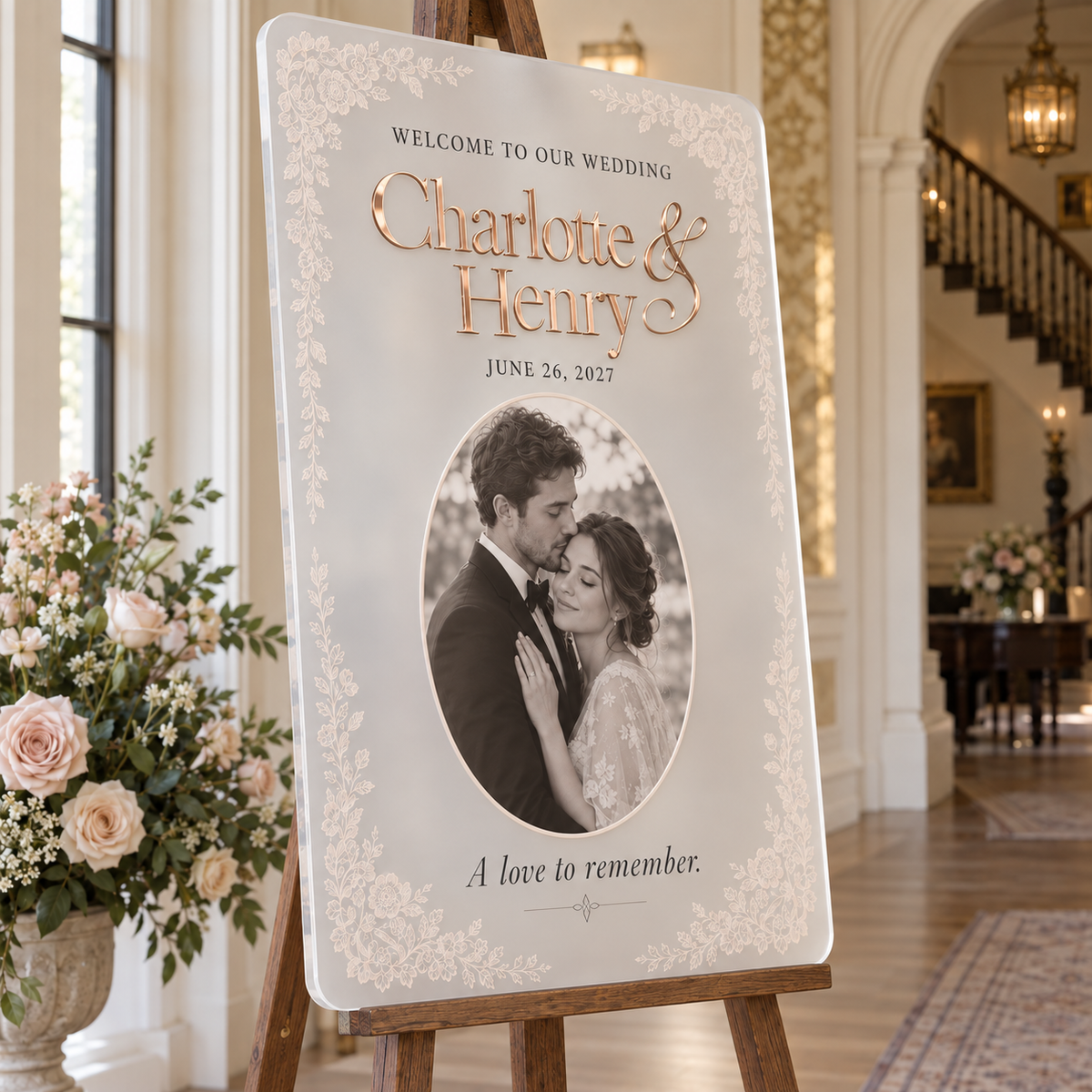 Heirloom Lace Portrait | Personalized Frosted Acrylic Wedding Sign - angle