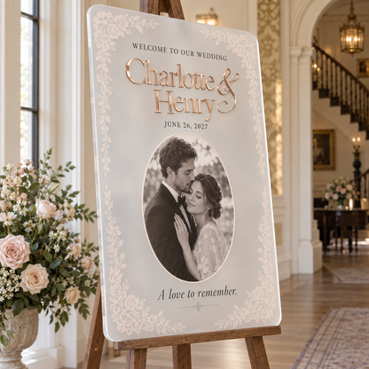 Heirloom Lace Portrait | Personalized Frosted Acrylic Wedding Sign - angle