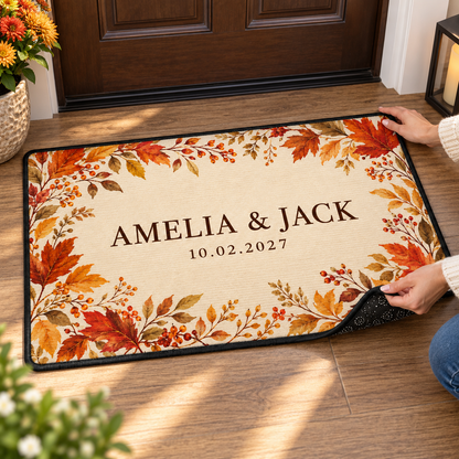 Autumn Leaf Frame personalized wedding doormat - in use