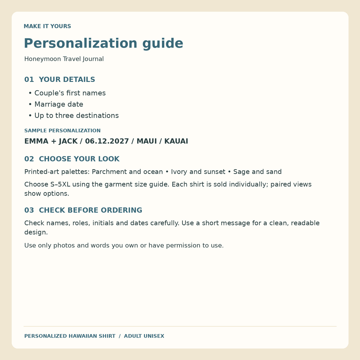Honeymoon Travel Journal Hawaiian Shirt; personalization guide. One Day for Lifetime