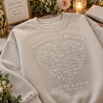 Guest Signature Heart Personalized Crewneck Sweatshirt; print material detail. One Day for Lifetime