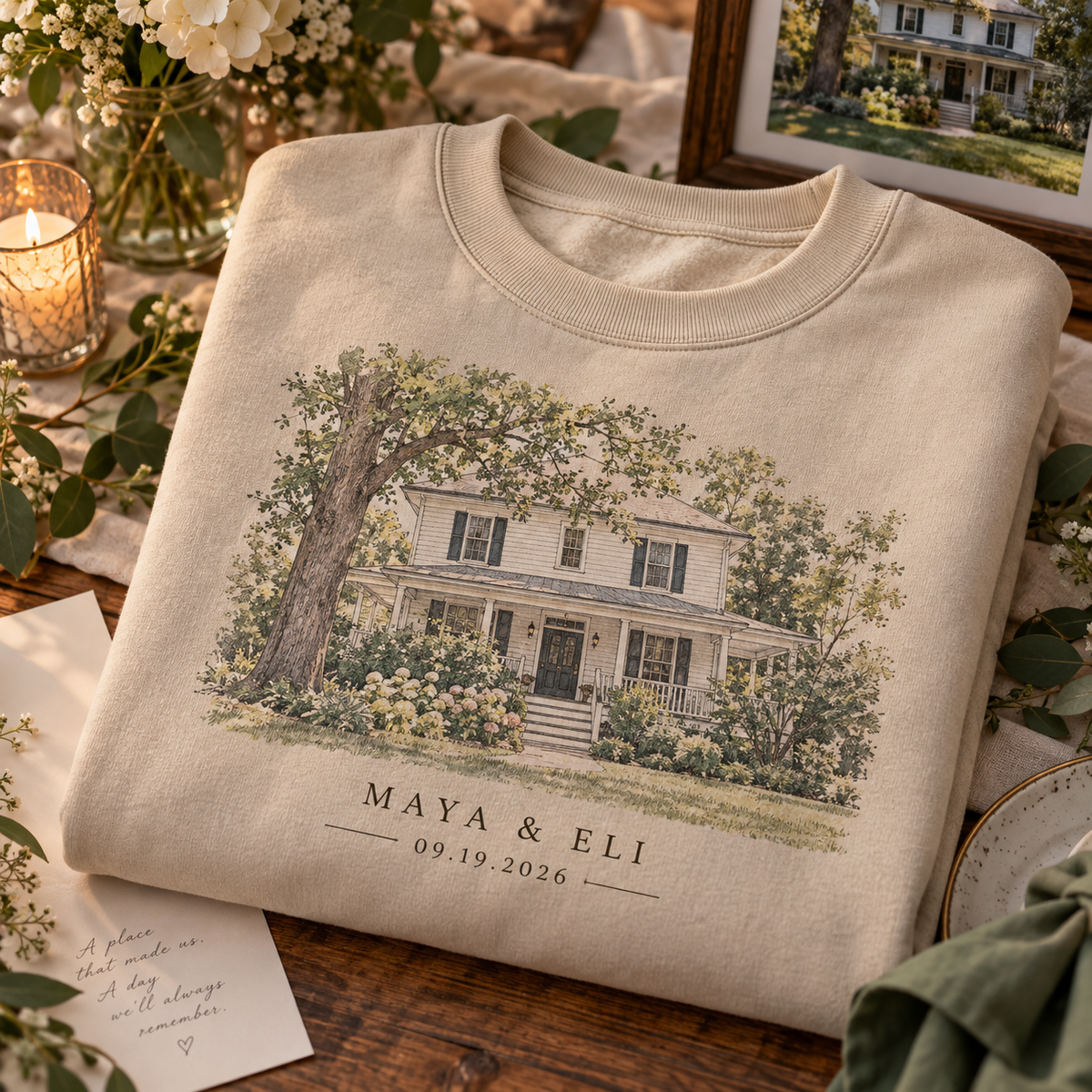 Childhood Home Venue Personalized Crewneck Sweatshirt; print material detail. One Day for Lifetime