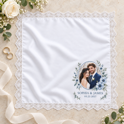 Blue Floral Photo printed satin wedding handkerchief - flatlay