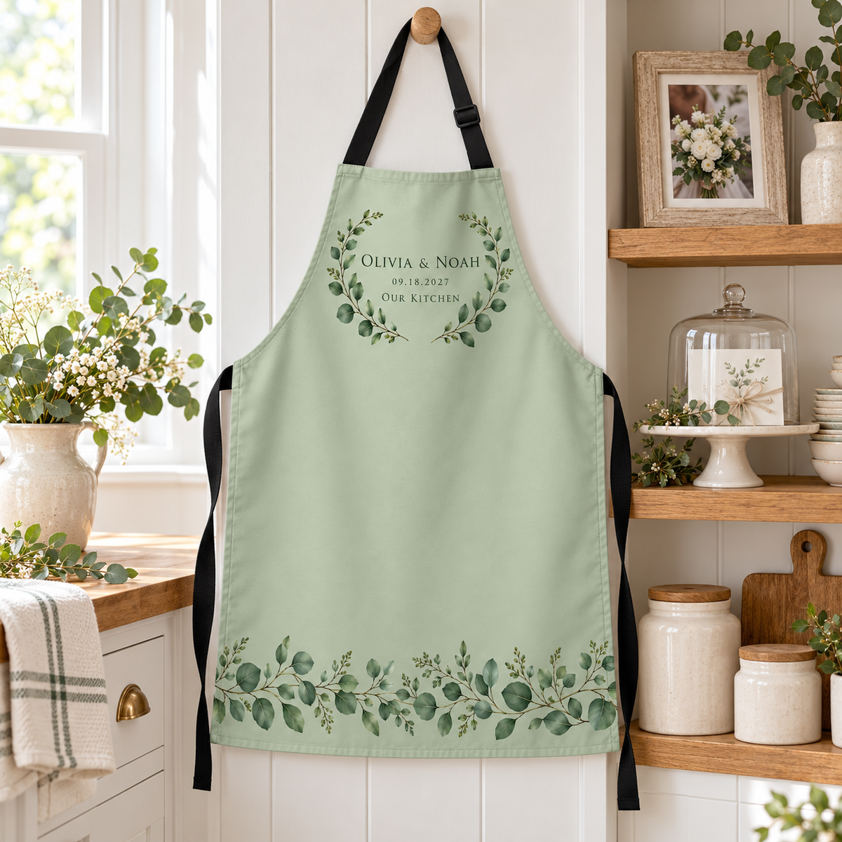 Sage Eucalyptus personalized wedding apron - pantry