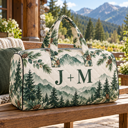Mountain Wedding Personalized Quilted Weekend Bag; hero. One Day for Lifetime