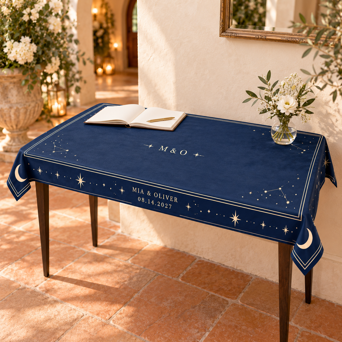 Navy Celestial wedding table cloth - guestbook console