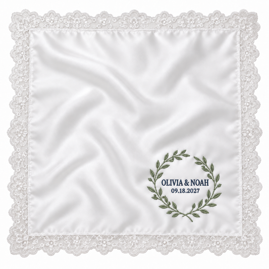 Sage Wreath embroidered satin wedding handkerchief - hero