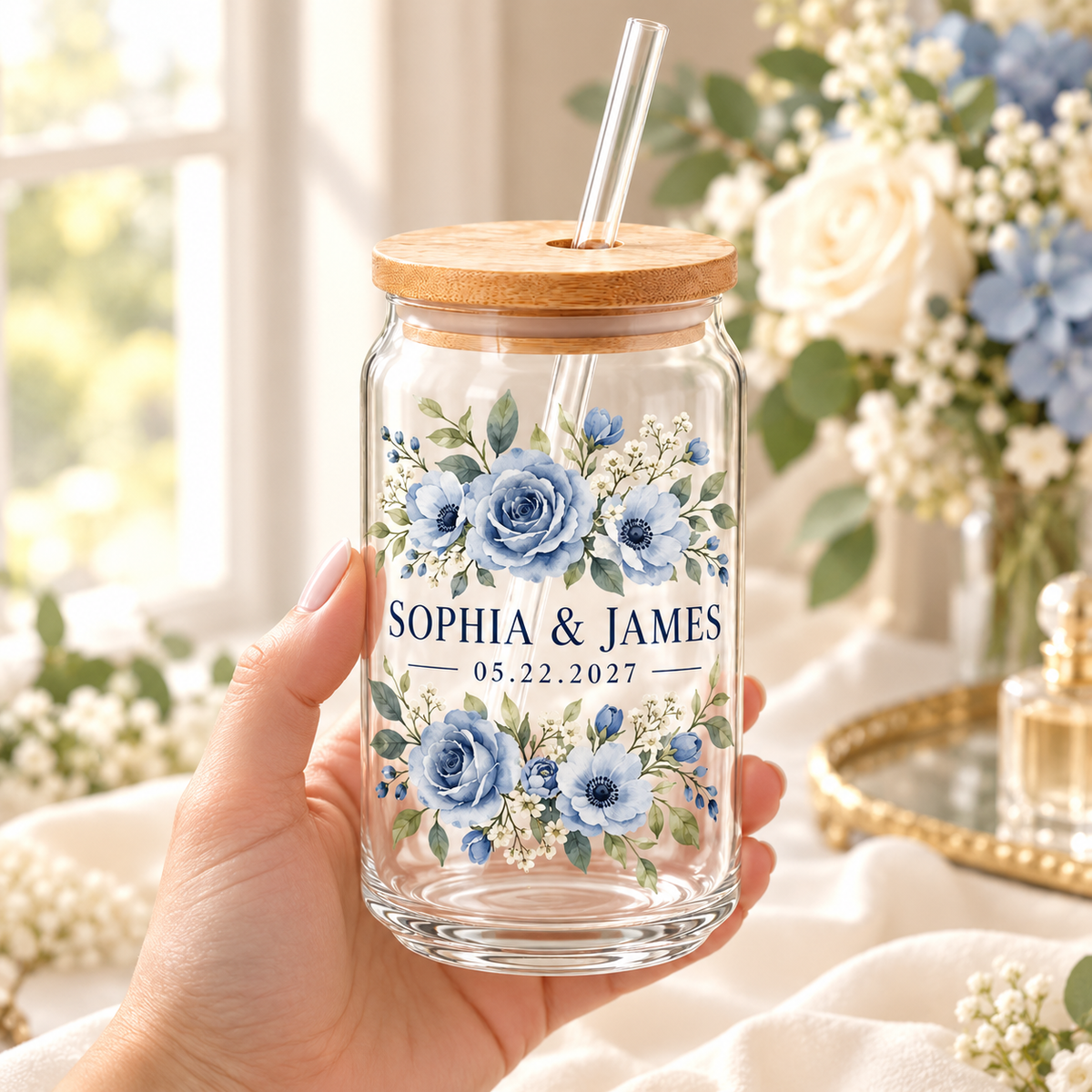 Dusty Blue Flowers personalized sipper glass - handheld lifestyle