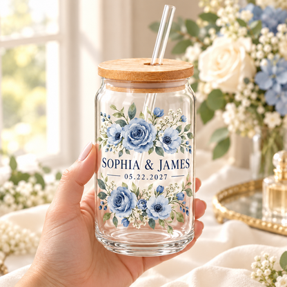 Dusty Blue Flowers personalized sipper glass - handheld lifestyle