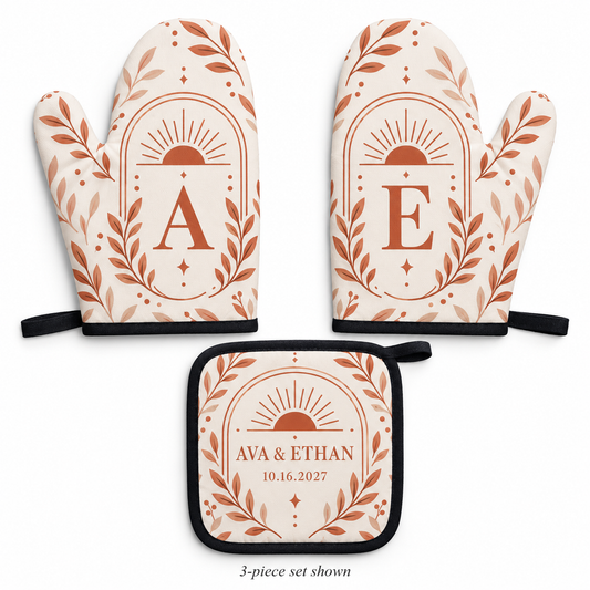 Terracotta Sun Arches personalized oven mitt and pot holder - hero