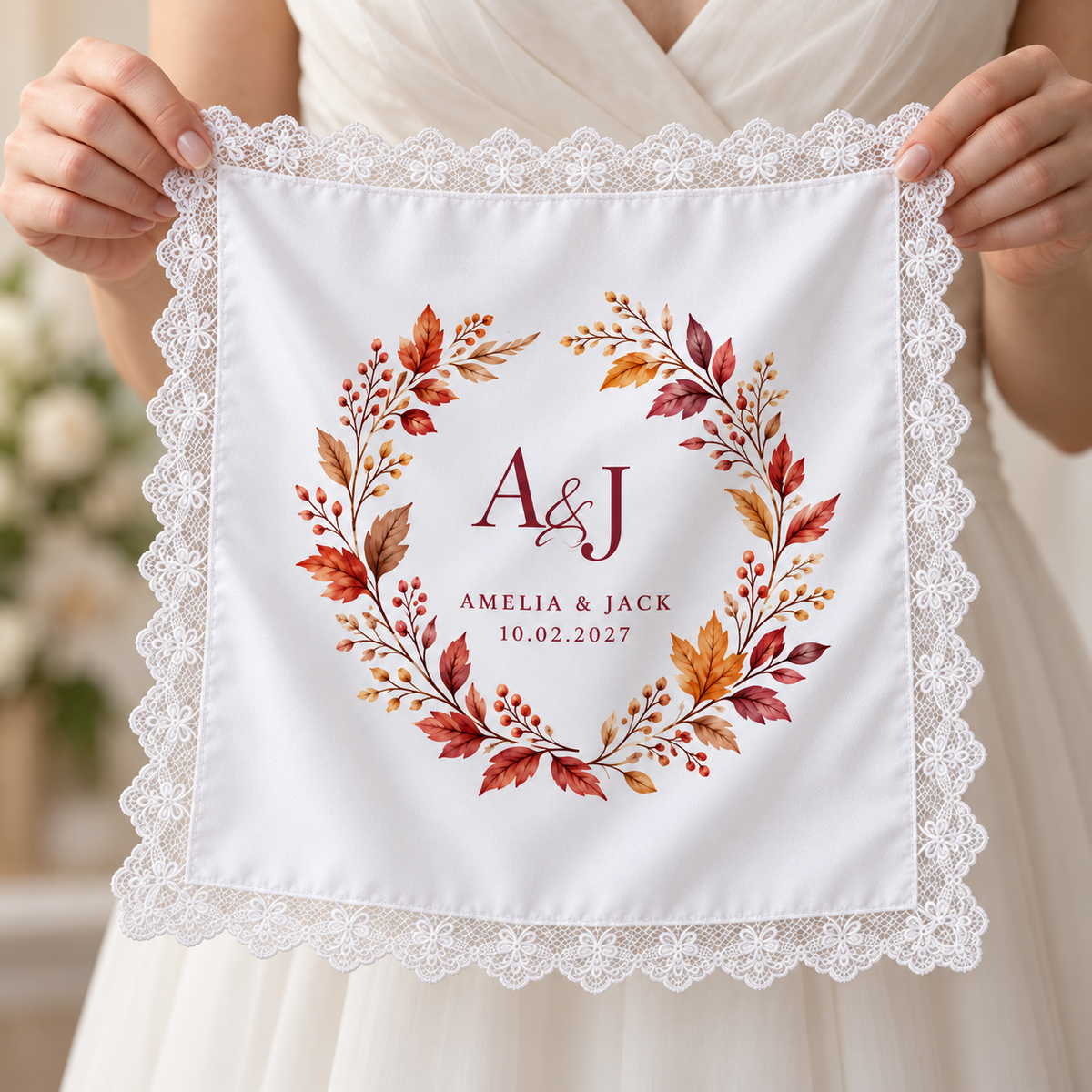 Autumn Monogram printed satin wedding handkerchief - in hand