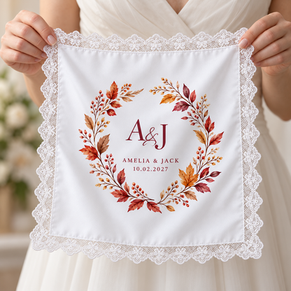 Autumn Monogram printed satin wedding handkerchief - in hand
