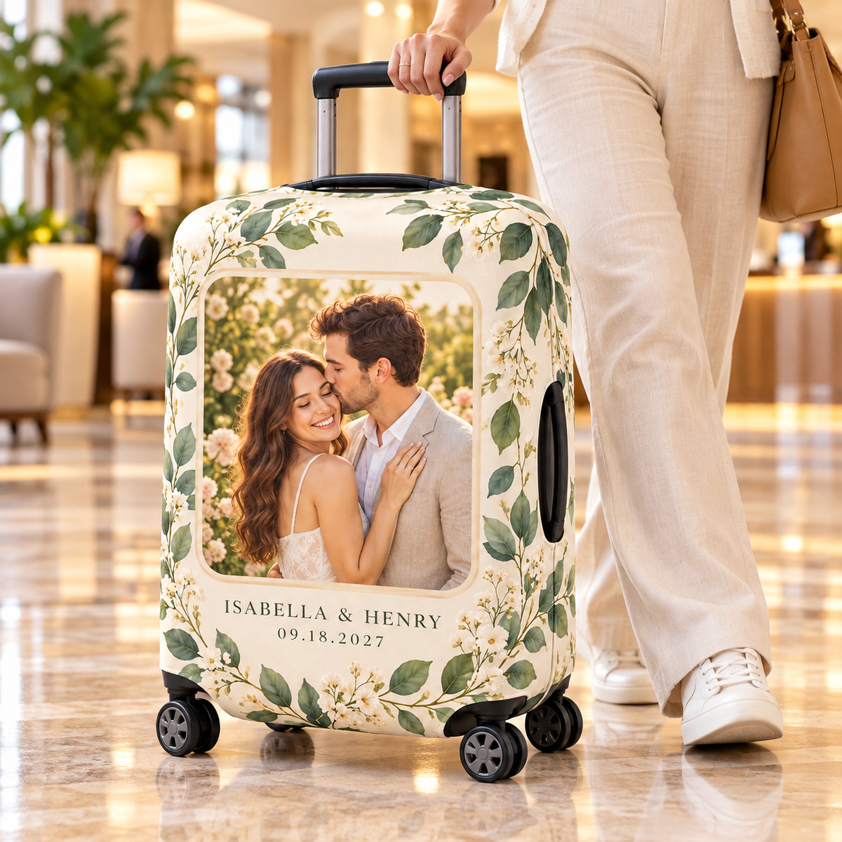 Engagement Photo Keepsake Luggage Cover; lifestyle. One Day for Lifetime
