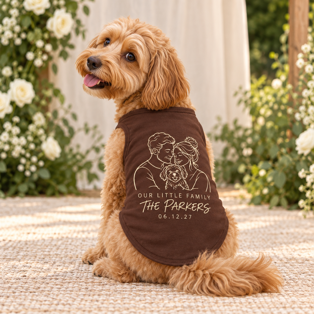 Family Line Portrait Pet Tank Top; lifestyle context. One Day for Lifetime