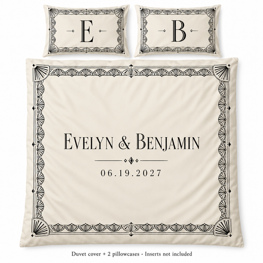 Ivory Black Deco personalized wedding duvet cover set - hero