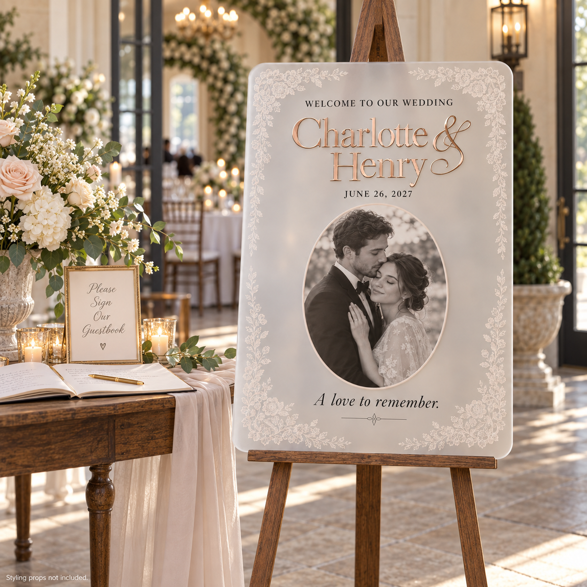 Heirloom Lace Portrait | Personalized Frosted Acrylic Wedding Sign - lifestyle