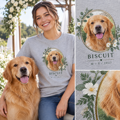 Our Pet Was Here Personalized Printed T-Shirt; dtg print detail. One Day for Lifetime