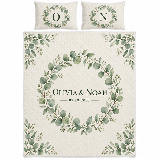 Sage Eucalyptus personalized quilt bedding set - hero