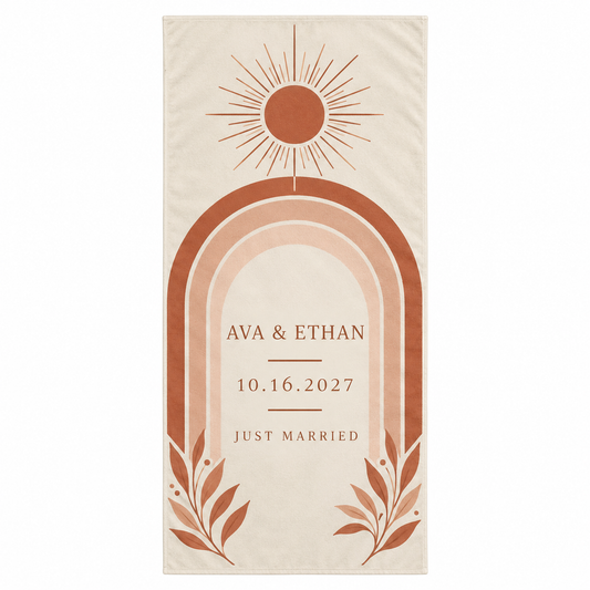 Terracotta Sun Arches personalized wedding beach towel - front