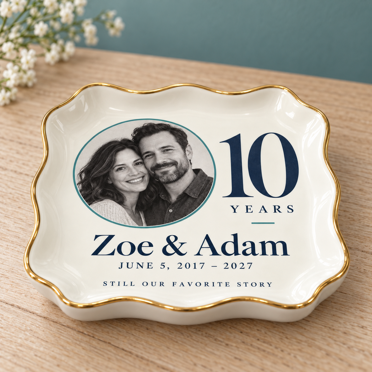 The Anniversary Portrait | Personalized Ceramic Ring Dish - low profile