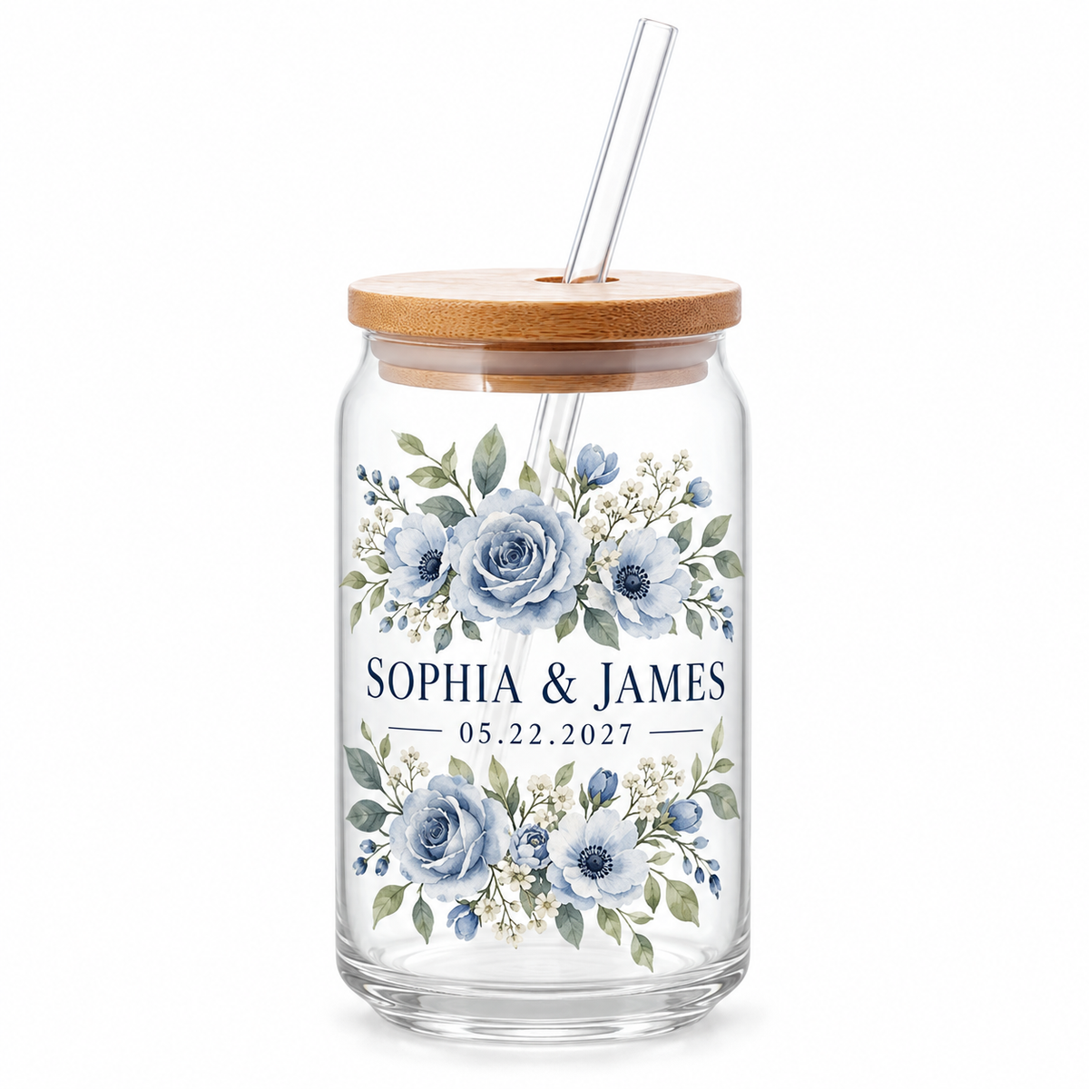 Dusty Blue Flowers personalized sipper glass - hero