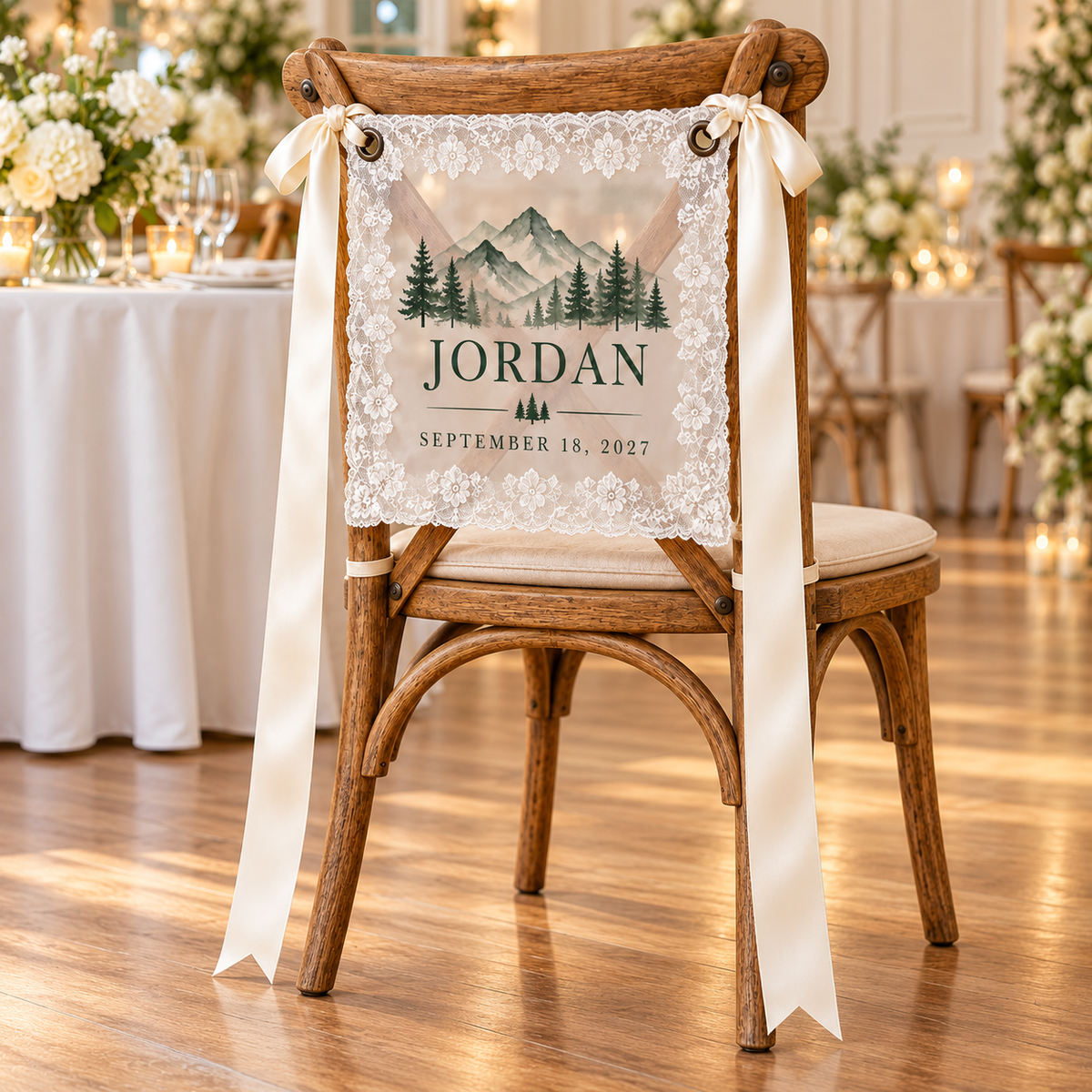 Mountain Promise Personalized Lace Chair Banner; right. One Day for Lifetime