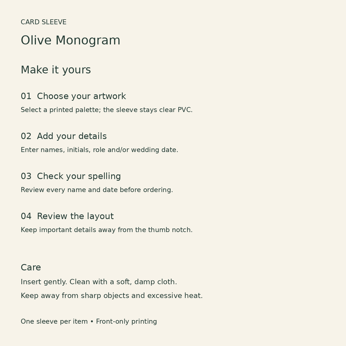 Olive Monogram Card Sleeve; personalization care. One Day for Lifetime