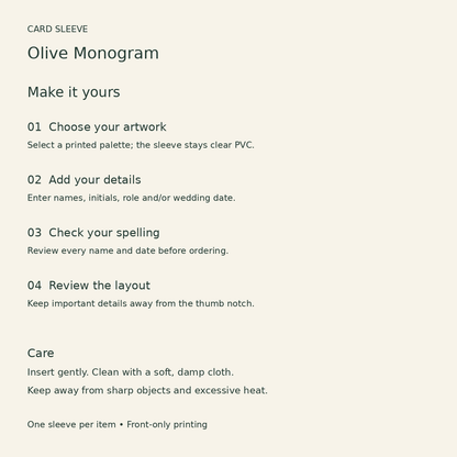 Olive Monogram Card Sleeve; personalization care. One Day for Lifetime