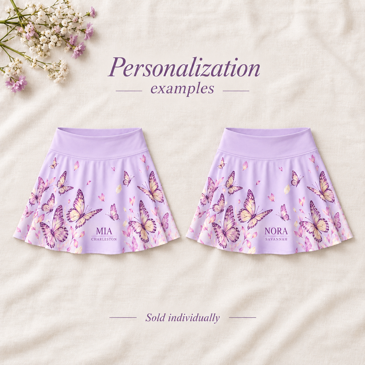 Butterfly Social Tennis Skirt; personalization examples. One Day for Lifetime
