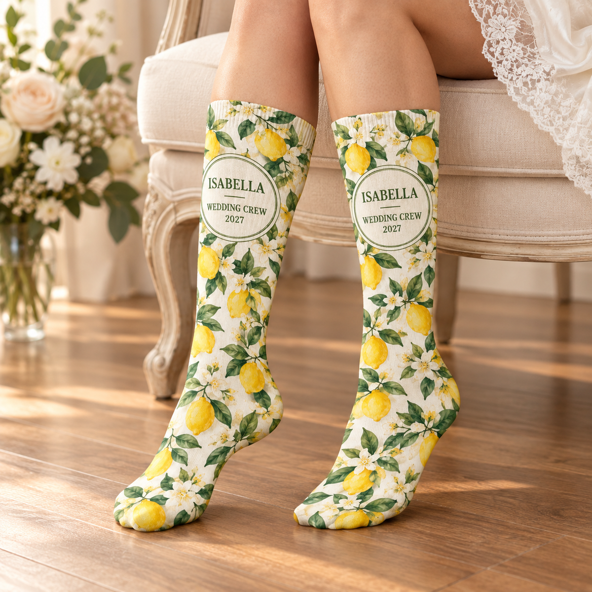 Citrus Wedding Party Socks; worn lifestyle. One Day for Lifetime
