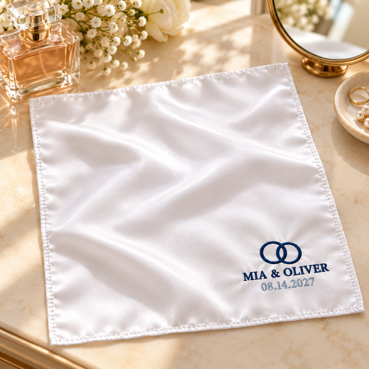 Navy Rings embroidered satin wedding handkerchief - getting ready