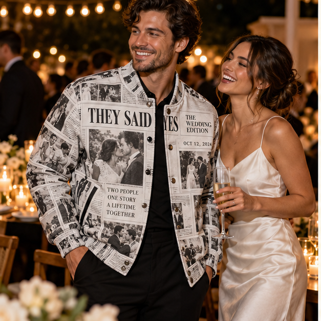 Wedding Newspaper Varsity Jacket; lifestyle context. One Day for Lifetime