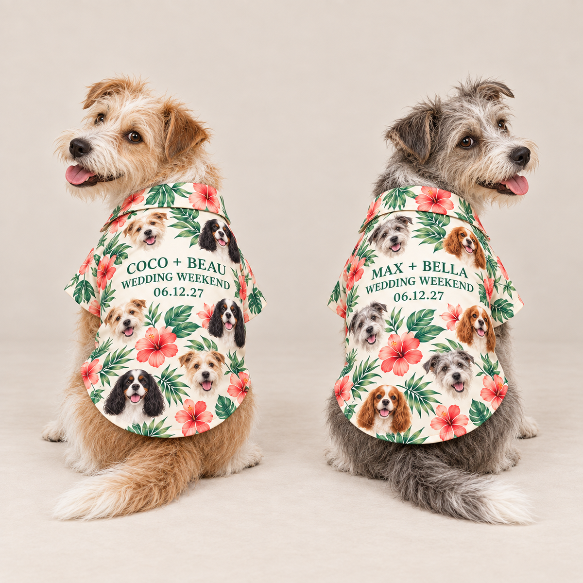 Two-Pet Tropical Portrait Pet Hawaiian Shirt; alternate personalization. One Day for Lifetime