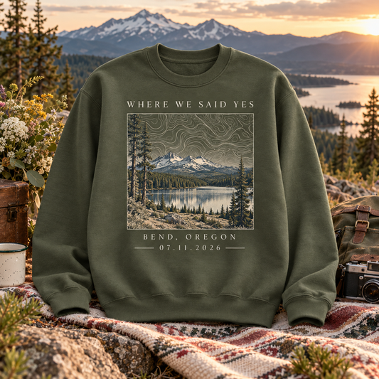 Scenic Elopement Map Personalized Crewneck Sweatshirt; hero. One Day for Lifetime