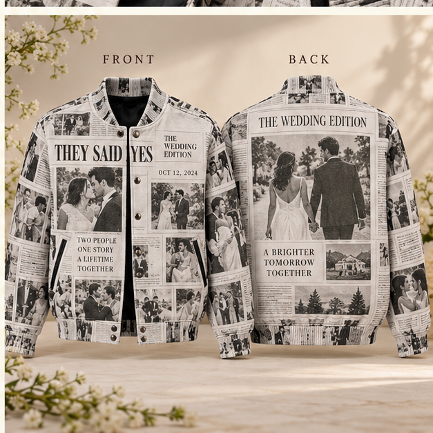 Wedding Newspaper Varsity Jacket; alternate personalization. One Day for Lifetime
