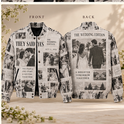 Wedding Newspaper Varsity Jacket; alternate personalization. One Day for Lifetime