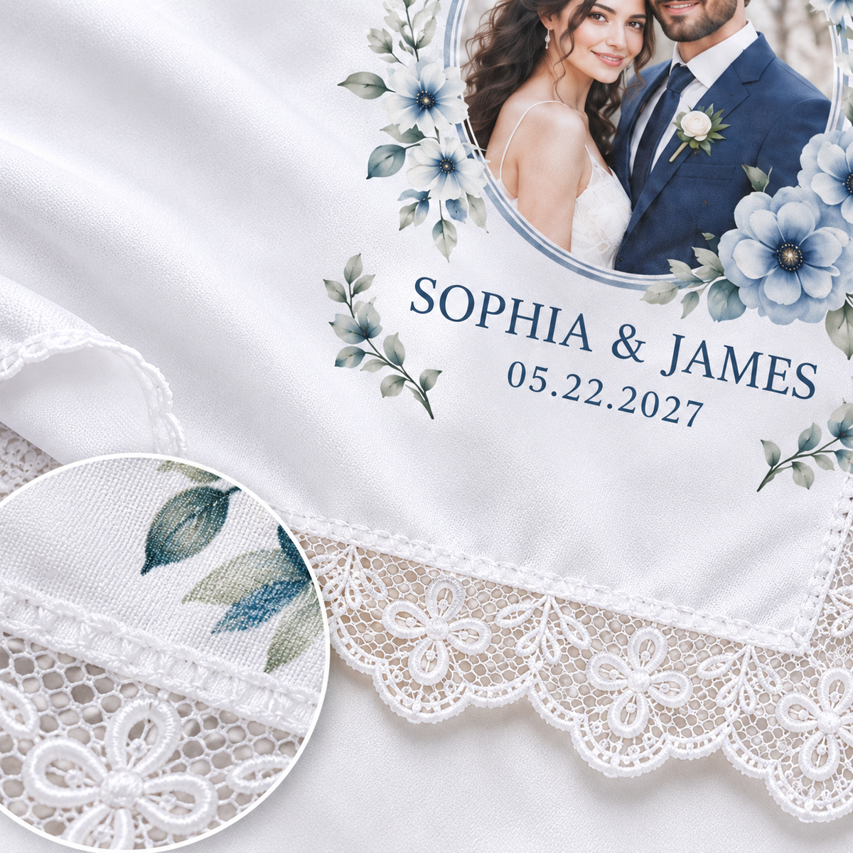 Blue Floral Photo printed satin wedding handkerchief - detail